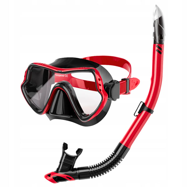 Dykset mask med slang, snorkel och simglasögon för snorkling
