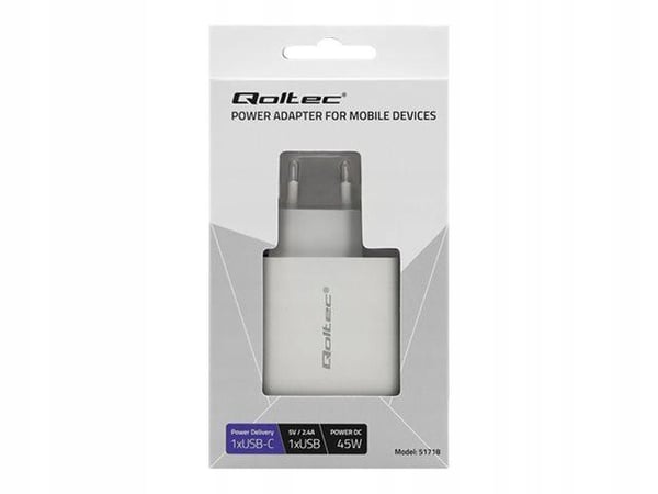 Qoltec 45W väggladdare | 5-20V | 2.4-3A | USB Typ C PD | USB | Vit