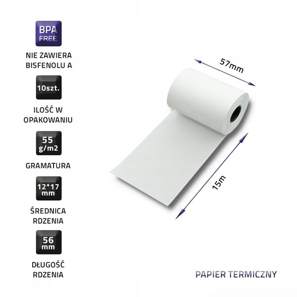 Qoltec termisk rulle 57x15 | 55g/m2 | 10 stk.