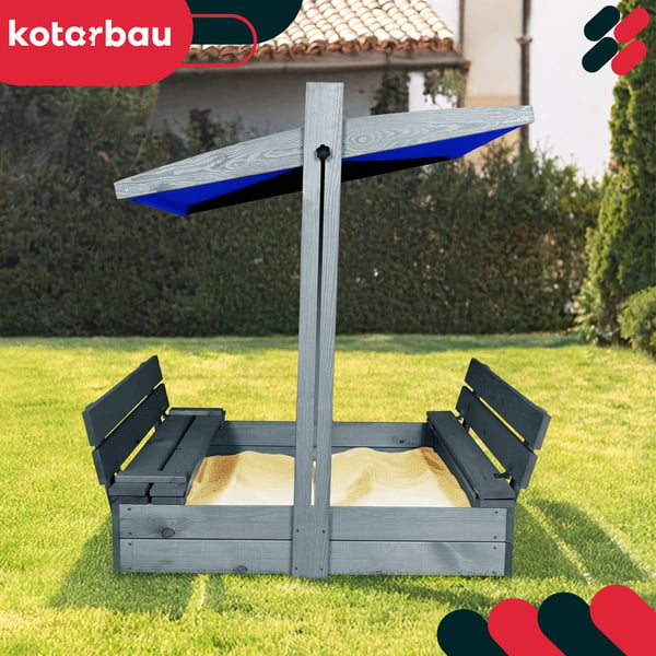 KOTARBAU® stor sandlåda i trä med blått tak, impregnerad, slutet lock, med bänkar, grå, 100 x 100 cm