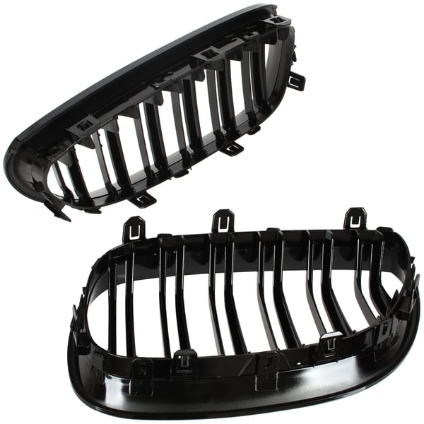BMW 5 E60 / E61 03-10 gitter mellem forlygterne (nyrerne) venstre + højre sæt SORTE GLOSSY DOBBELTE BÅNDRIBBER