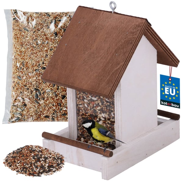 KOTARBAU® Hängande fågelmatare för balkongträdgård trä vit 190 x 130 x 135 mm + foder 0,5 kg