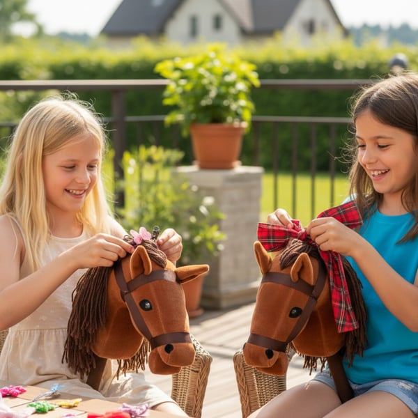 Kæphest hestehoved på pind lyd plys brun blød manke galop