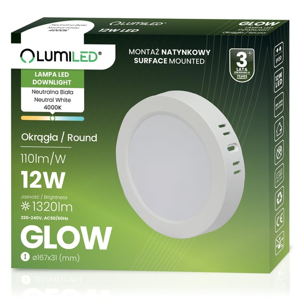 Takmontering LED-taklampa 12W rund 4000K GLOW vit LUMILED