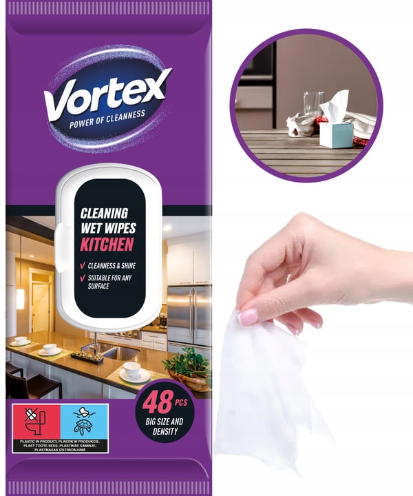 Vortex våtservetter för kök med fällbart lock 48 stycken