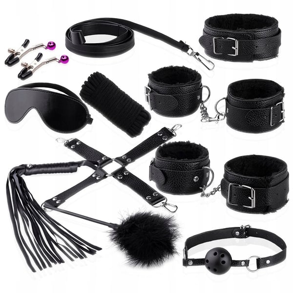 Sexgadgets håndjern pelskrave bdsm sæt læderpisk til par