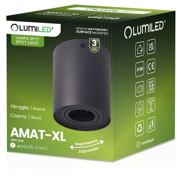 Overflademonteret HALOGEN Spot Tube Flytbar GU10 Rund Sort 125mm AMAT-XL LUMILED