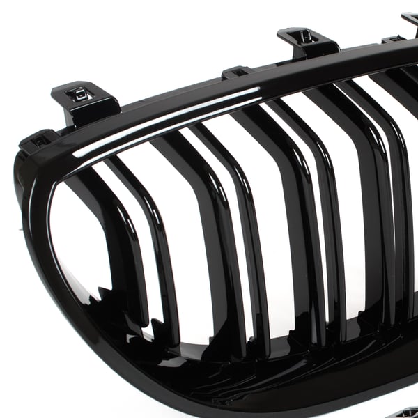 BMW 5 E60 / E61 03-10 gitter mellem forlygterne (nyrerne) venstre + højre sæt SORTE GLOSSY DOBBELTE BÅNDRIBBER