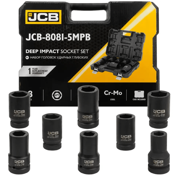 JCB 1" Cr-Mo 6-kulmainen syvä iskuhylsysarja 8 osaa