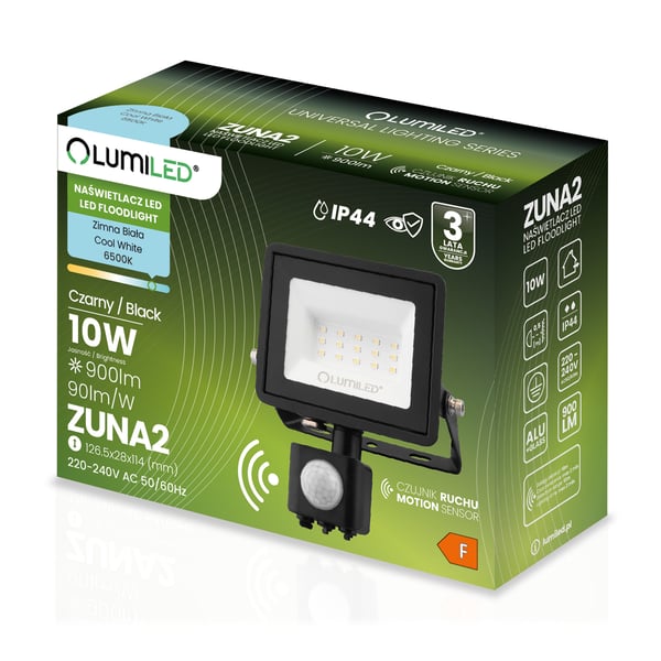 ZUNA2 LED projektør 10W 900lm 6500K IP44 Sort LUMILED bevægelsessensor