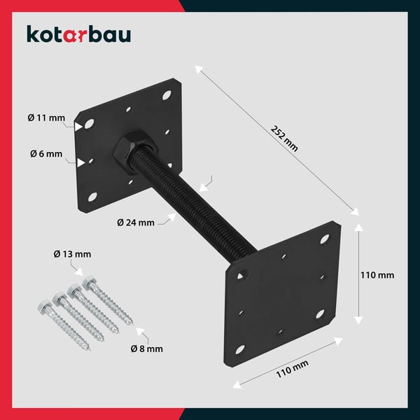 KOTARBAU® stilkfodskrue justerbar stål for pavilloner og låger, M24 gevind, antracit, 110 x 252 mm, 2-pak