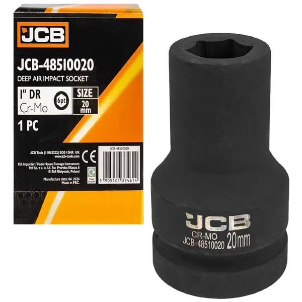 JCB SLAGTOPPENØGLE dyb 1" 20 mm 6-punkts Cr-Mo topnøgle