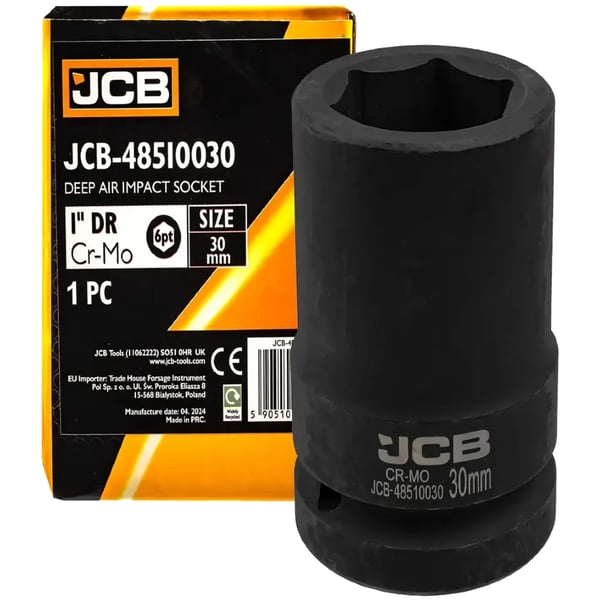 JCB Dyb Slagtopnøgle 1" 30 mm 6-punkts Cr-Mo Topnøgle