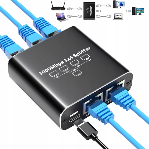 SPLITTER LAN 1x4 ADAPTER SWITCH SPLITTER 2xRJ45 ETHERNET 1000Mb GIGABIT