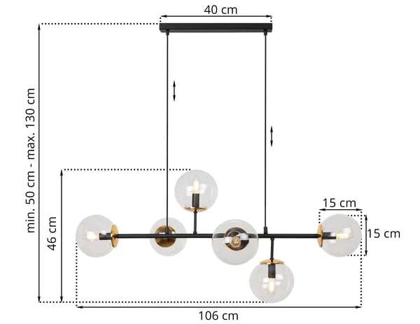 SIENA LOFTLAMPE SORT OG GULD 6 FLADE LAMPER UDEN LAMPEFORM E14 LANGE ARME