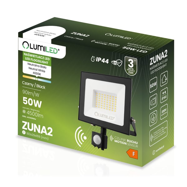 LED-valonheitin ZUNA2 50W 4500lm 4000K IP44 musta liiketunnistin LUMILED