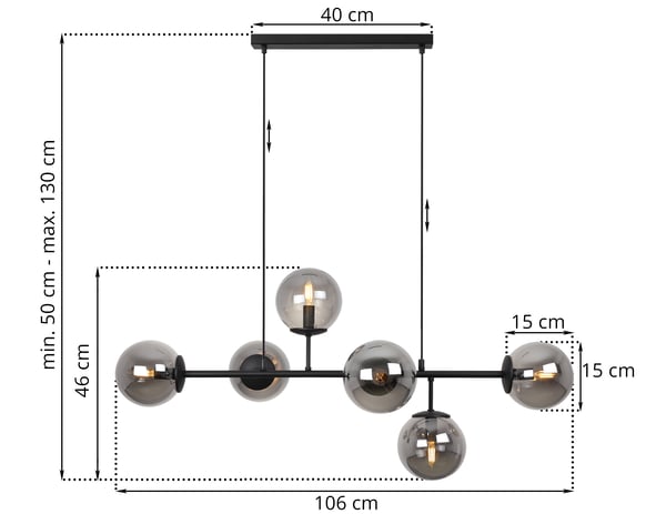 SIENA SORT LOFTLAMPE 6 FLAD GRAFITLAMPE E14 LANGE ARME