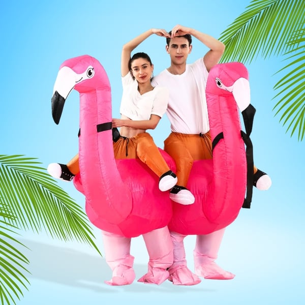 Oppustelig flamingo-dragt, selvoppusteligt lyserødt kostume