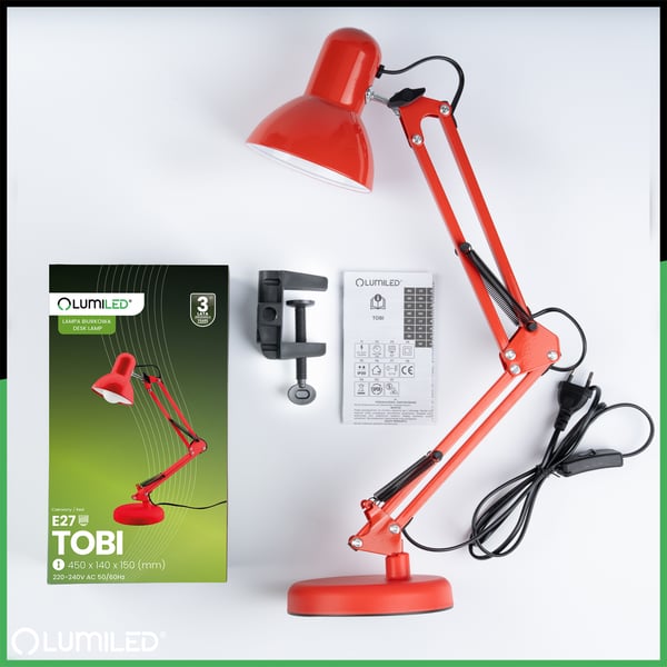 Työpöytälamppу Piirustuslamppу Pöytälamppу E27 TOBI Punainen Lumiled + kiinnike tasoon