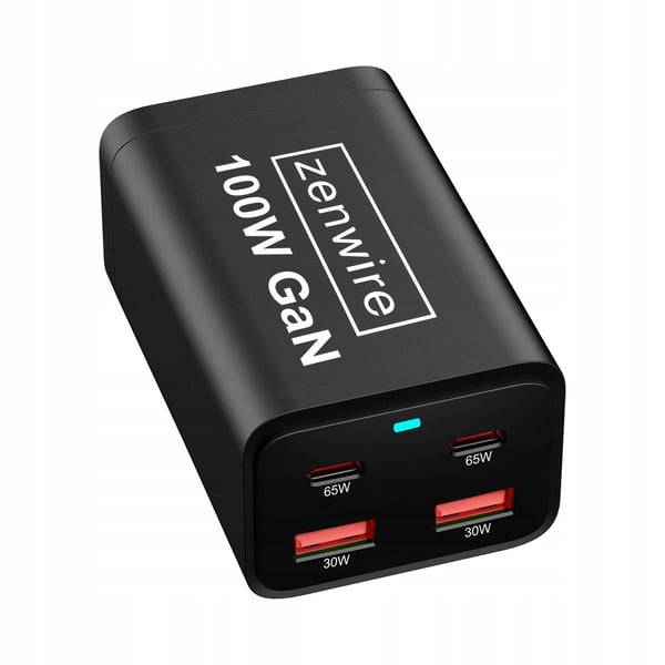 Vægoplader Strømforsyning 100W GaN III Cube AC Kabel 2x USB-C 65W 2x USB-A Zenwire YMS-608