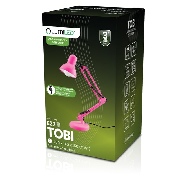 Pöytävalaisin TOBI E27 vaaleanpunainen Lumiled ja klemmipidike
