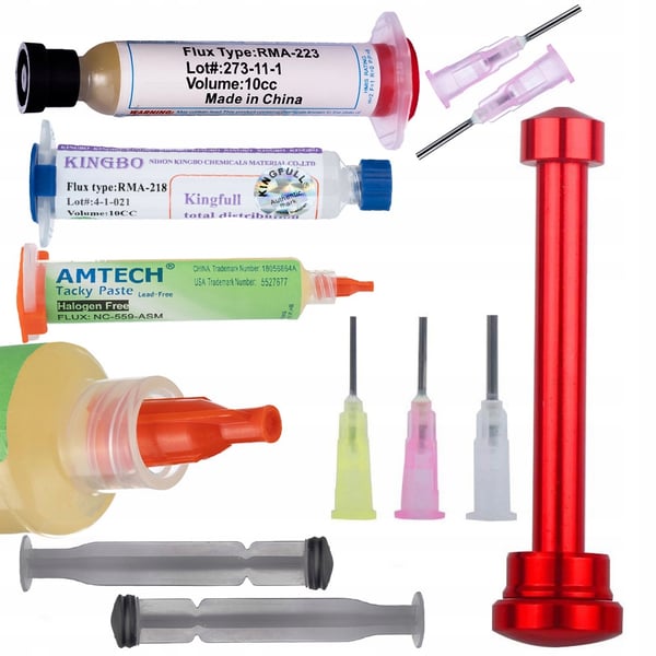 Rosfix Metall Fluxpress 3 neulalla ja RMA-223 juotosaineella sekä Kingbo 218 10 ml ja NC-559-ASM 10 ml