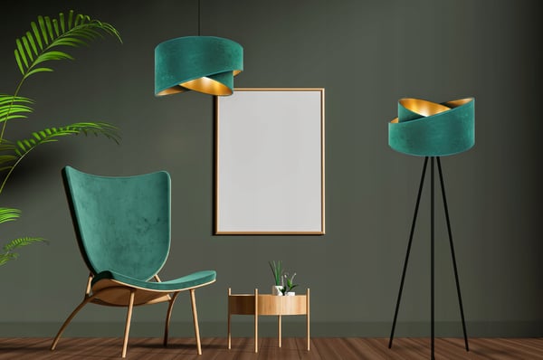 STÅENDE GULVLAMPE MED TRIPOD GYLDEN FLØJLSSKÆRM