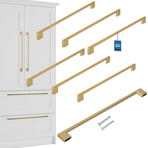 Kotarbau køkkengreb klassisk moderne aflang langt mat guld 358 mm afstand 320 mm sæt 6 stk