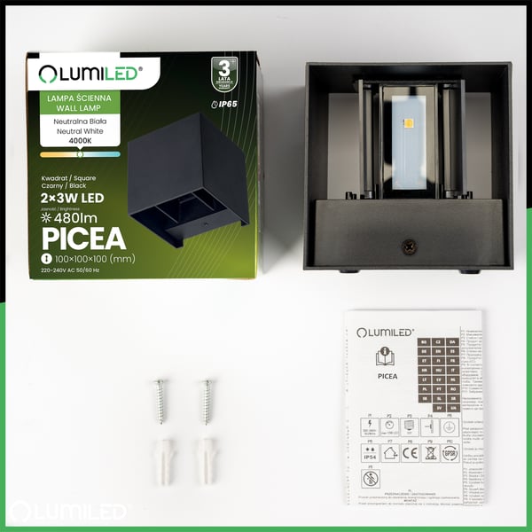 Vägglampa trädgård fasad LED 2x3W 4000K justerbar upp ned svart PICEA LUMILED