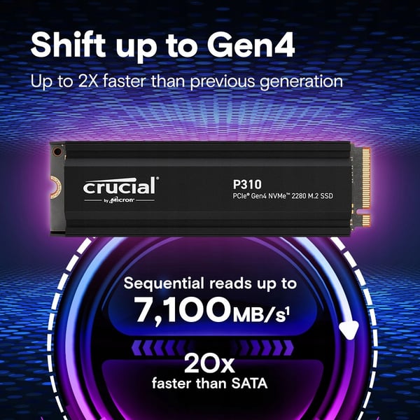 Crucial P310 1TB M.2 PCIe 4.0 NVMe 2280 SSD (7100/6000 MB/s) med køleplade