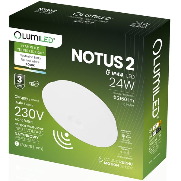 LED-taklampa Monteringsbar 24W NOTUS 2 Rund Rörelsedetektor IP44 33 cm LUMILED