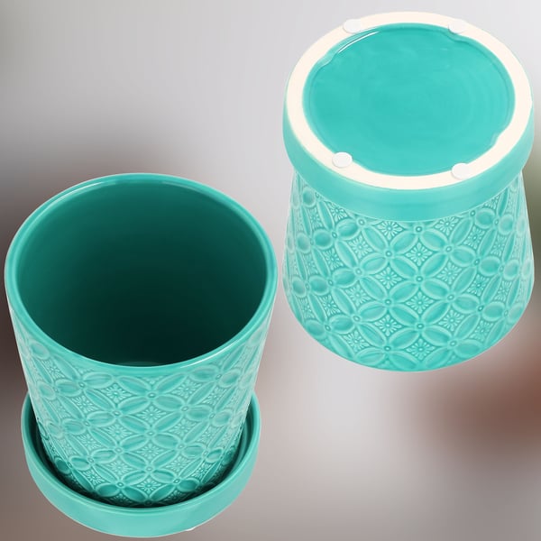KOTARBAU® Rund Turkos Blomkruka 13 cm Glaserad Keramik med Fat Blom- och Örtkruka