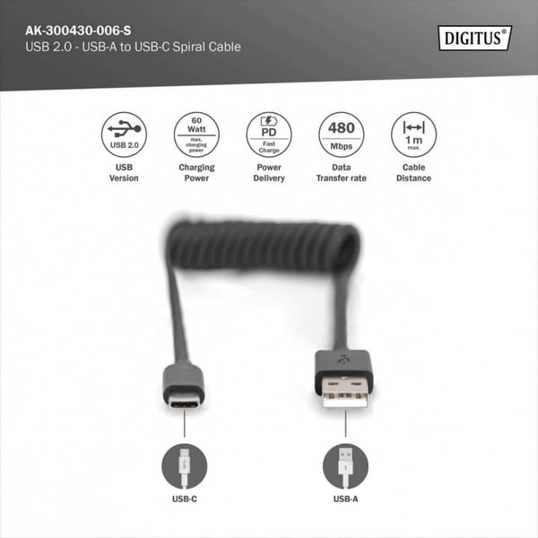 USB 2.0 Digitus Spiralkabel USB A/USB C, PD 60W, Sort, Maks. 1m