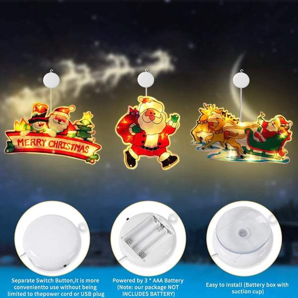 Farverig jule-LED-vindueslampe med batterier, 3 stk.