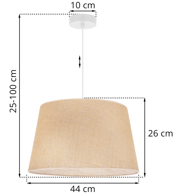 HÆNGELAMPE I JUTE MED KEGLE, HVID, 1 FLAD BEIGE LAMPESKÆRM, 44 CM