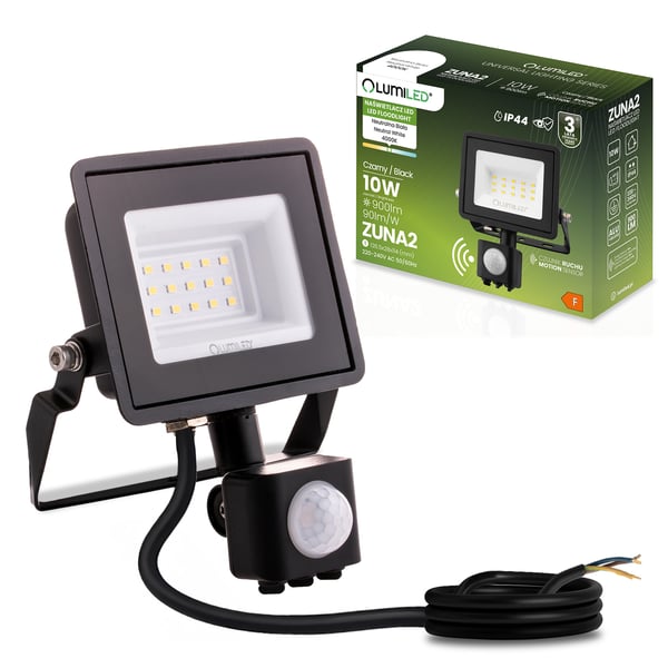 LED-arbetslampa ZUNA2 10W 900lm 4000K IP44 svart rörelsesensor LUMILED