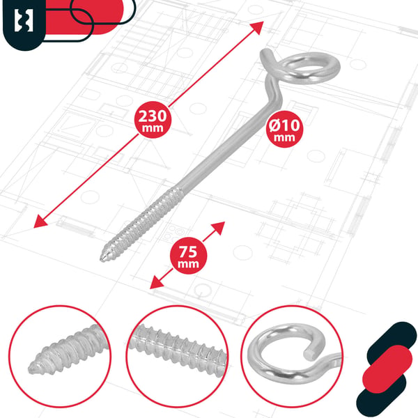Kotarbau® Kattokiinnityskoukku, kääritty, ruuvattava, ruostumaton teräs, 230 MM, 2 kpl:n sarja