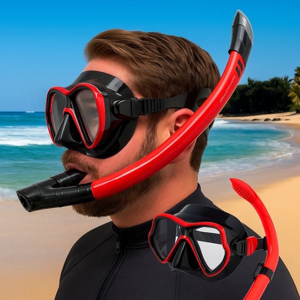 Dykset mask med slang, snorkel och simglasögon för snorkling