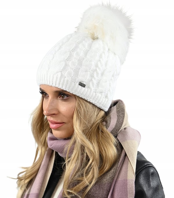 Vit varm damvintermössa med pompom, isolerad med fleece beanie universalstorlek