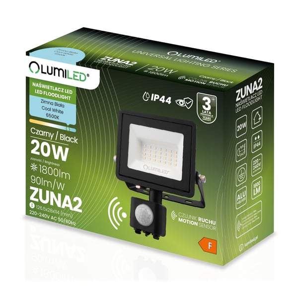 LED-valonheitin ZUNA2 20W 1800lm 6500K IP44 musta liiketunnistin LUMILED