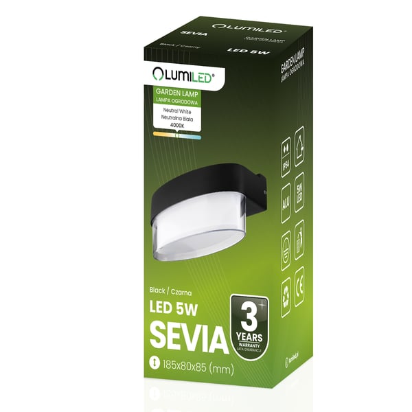 LED facadelampe udendørs væglampe til have varm 4000K 5W IP54 SEVIA sort LUMILED