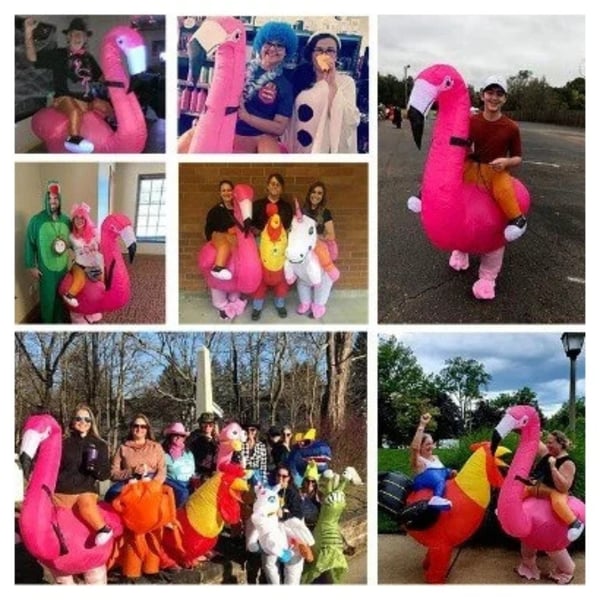 Oppustelig flamingo-dragt, selvoppusteligt lyserødt kostume