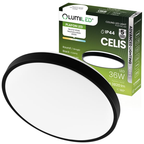 Loftlampe LED overflademonteret 36W 4000K CELIS rund IP44 sort ring ALS LUMILED
