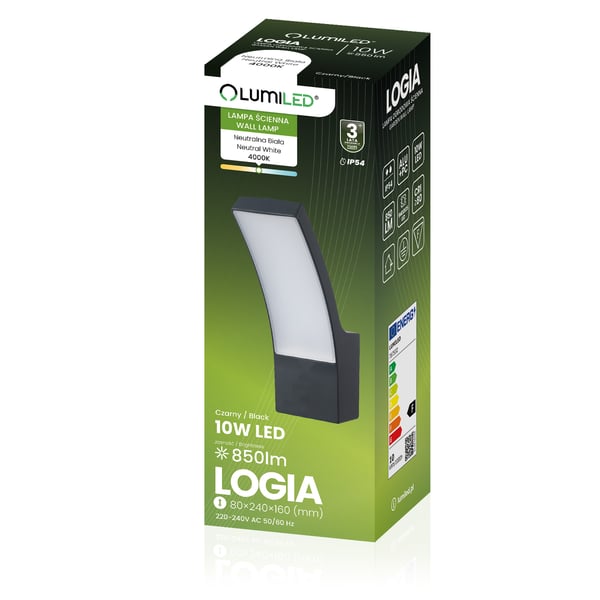 Vägg-LED-belysning för fasad utomhus svart trädgårdskinkigt 10W 4000K IP54 LOGIA LUMILED