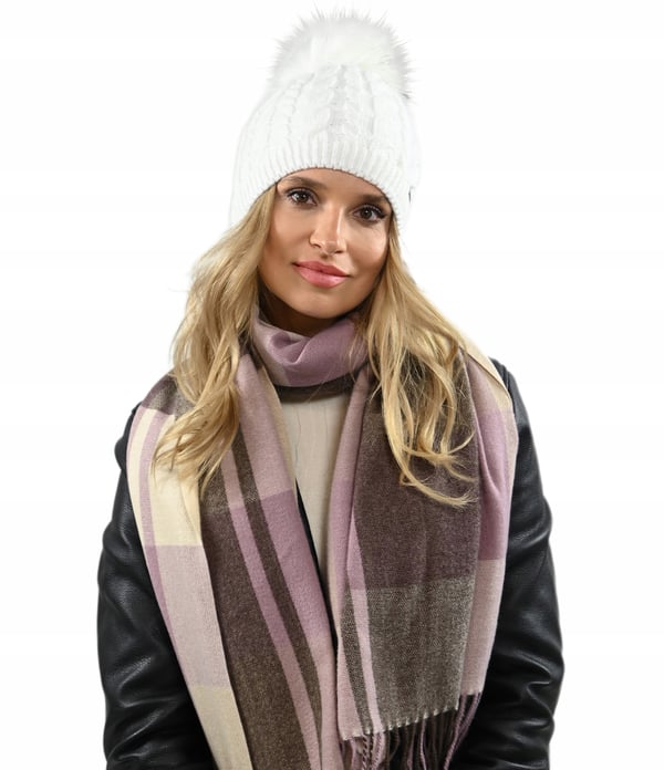 Vit varm damvintermössa med pompom, isolerad med fleece beanie universalstorlek