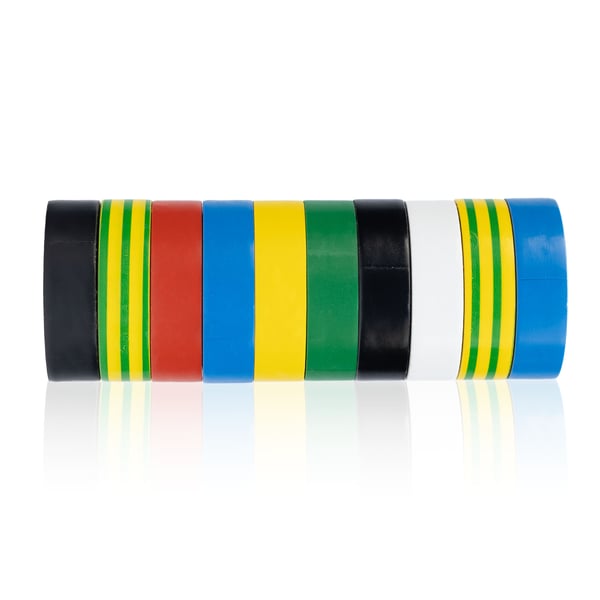 Sæt med 10 isoleringsbånd 0,13 mm 16 mm x 10 m (2x sorte, 2x blå, 2x jording, grøn, hvid, gul, rød)
