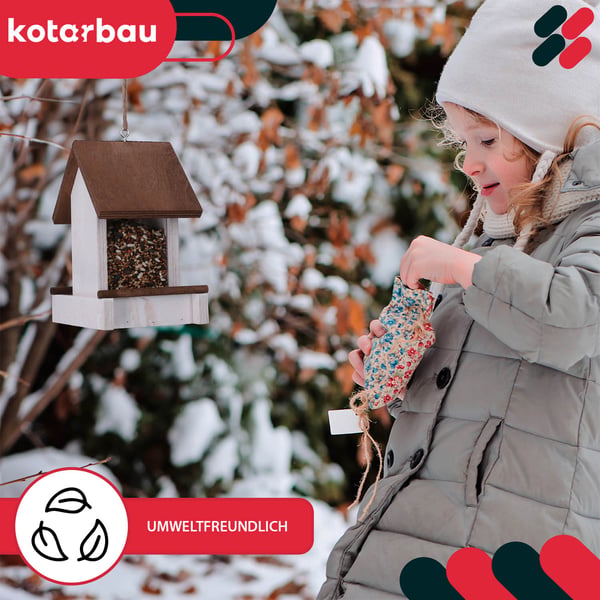 Kotarbau® Riippuva lintujen ruokintalaite parvekkeelle ja puutarhaan, puu, valkoinen, 190 x 130 x 135 mm + ruokinta-aine 0,5 kg