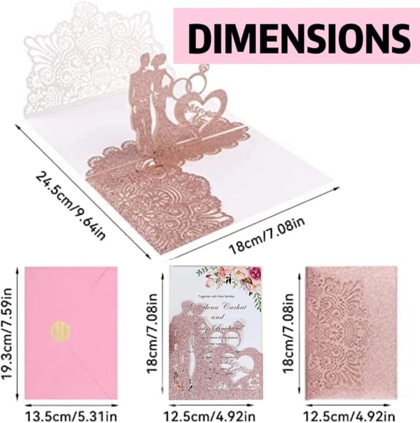 Lyserød glitter bryllupsinvitation 3D bryllupskort med kuverter