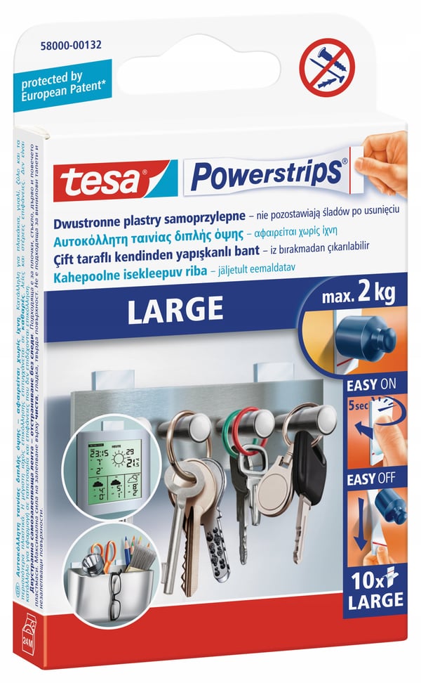 Tesa-kiinnitysliuskat, itseliimautuvat liuskat, suuri kuormituskapasiteetti jopa 2 kg, valkoinen, 10 kpl