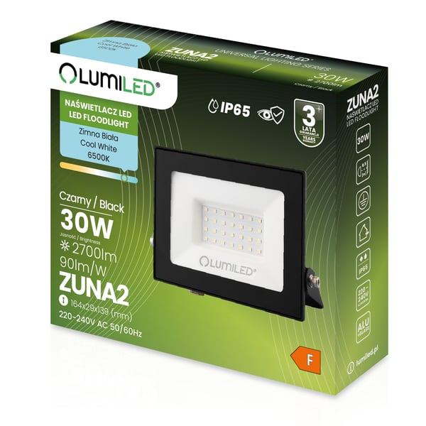 LED-valonheitin ZUNA2 30W 2700lm 6500K IP65 musta LUMILED